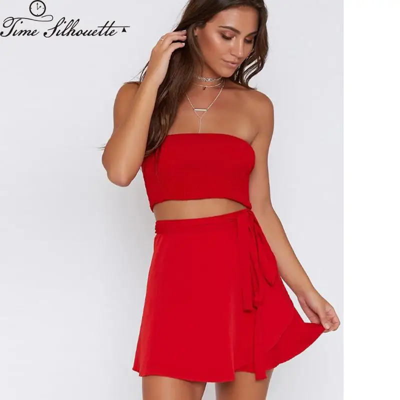 2 Piece Set Women Summer Skirt Feminino Red Off The Shoulder Strapless Lace Up Mini Skirt Set