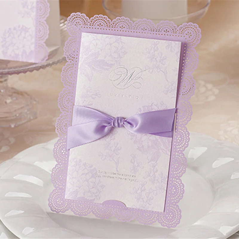 Image 1pcs Sample Purple Laser Cut Hollow Wedding Invitation Card With Customized Printing   Ribbon Envelopes   Seals Party Supplies