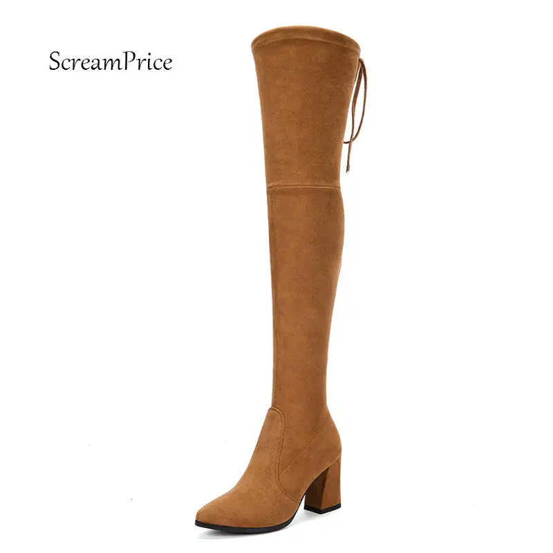 Koop Dames Suede Comfort Vierkante Hak Over De Knie Laarzen Mode Puntschoen Herfst Elastische Laarzen Zwart Grijs Bruin