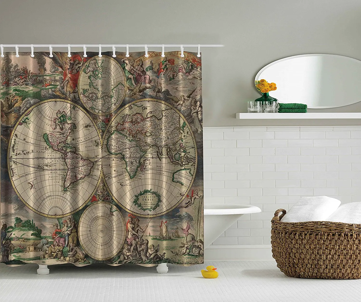 Memory Home Old World Map Print Polyester Fabric Shower Curtain Beige Green Gray Orange Bathroom