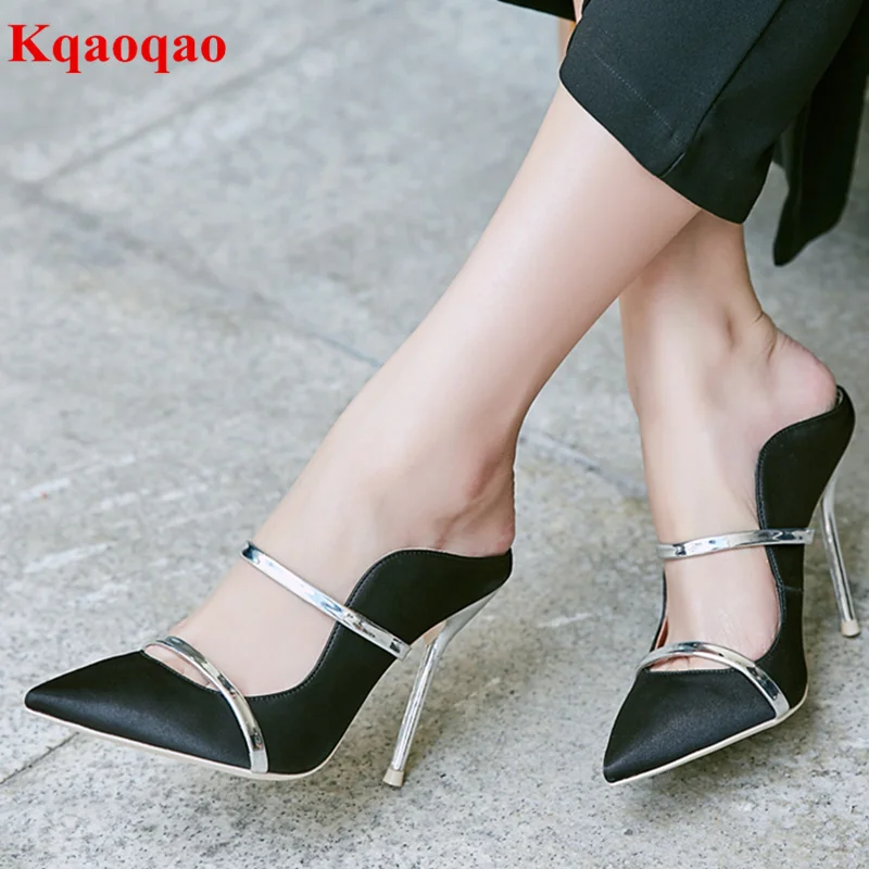 

Pointed Toe Women Pumps High Thin Heel Metal Decor Satin Women Shoes Seven Color Big Size Chaussures Femmes Slingback Slipper