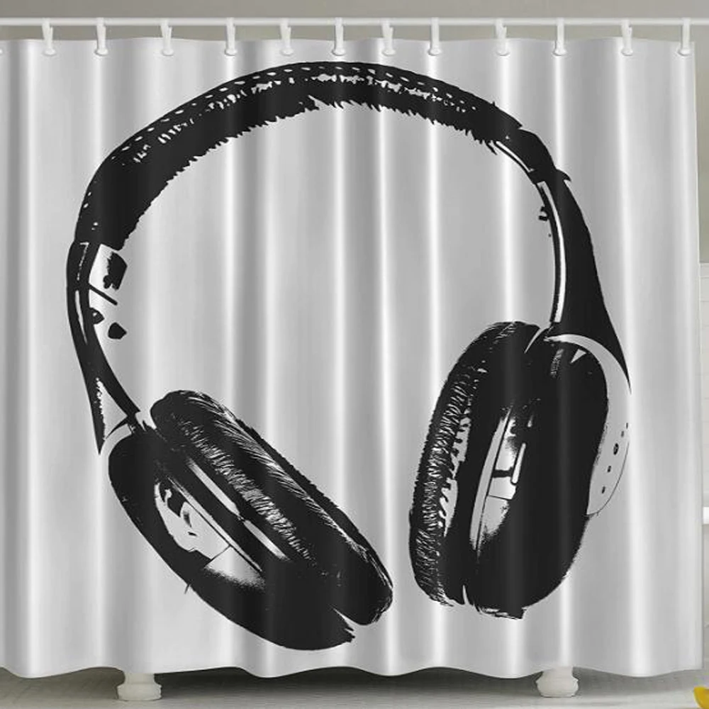 Music Shower Curtain Headphones Earphones Artistic Decor, Modern