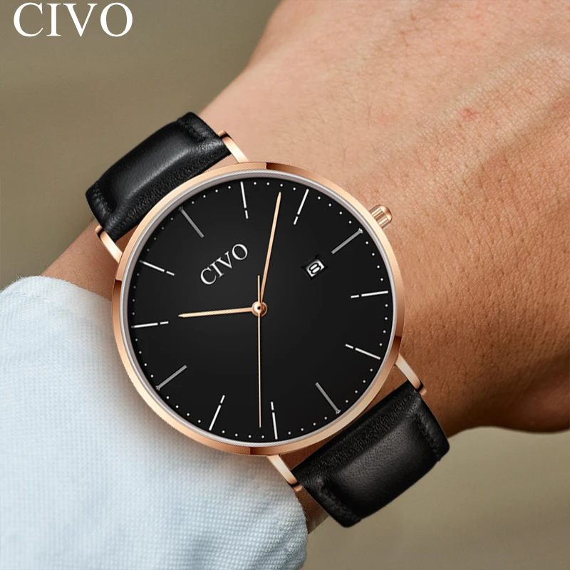 

CIVO Simple Casual Designed Watch Men Quartz Genuine Leather Wristwatch Relogios Masculino Waterproof Fashion Mens Watches