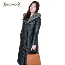 Зимние женские Новые пальто из натуральной кожи с длинным рукавом и капюшоном, тонкие модные элегантные длинные женские кожаные пальто, теплые большие размеры WLX118