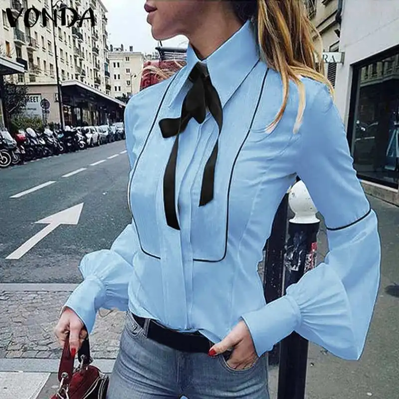  VONDA Ladies Office Shirt 2019 Autumn Blouse Women Sexy Lantern Sleeve Turn-down Collar Shirt Casua