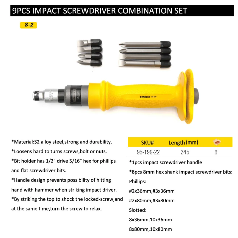Набор ударных отверток Стэнли 9 шт. 1/2 привод 5/16 шестигранные биты молотковая головка сверхмощная большая ударная отвертка набор с 8 мм ударная головка