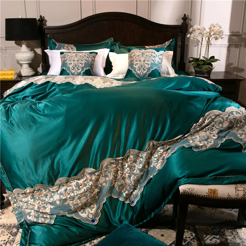 

King Queen Size 4/6/7 PCS Luxury Green Red Satin 60S Cotton Bedding Set Gem Diamonds Duvet Cover Bed Linen Bed sheet Pillowcase