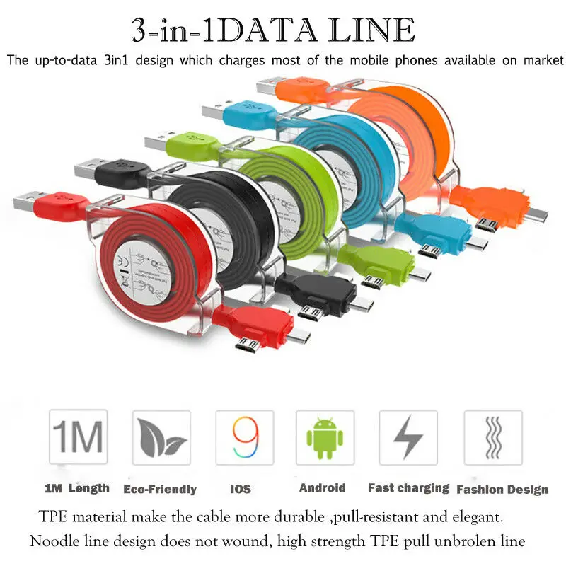 

HOT 3in1 Adjustable Multi USB Charger Cable Length USB Cable Micro Type-C Charger For LG Samsung iPhone