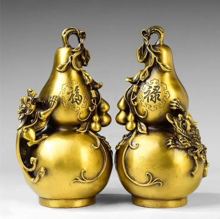 

China yellow copper Toad Brave Troops Pixiu Bottle Gourd Fu Statue Pair