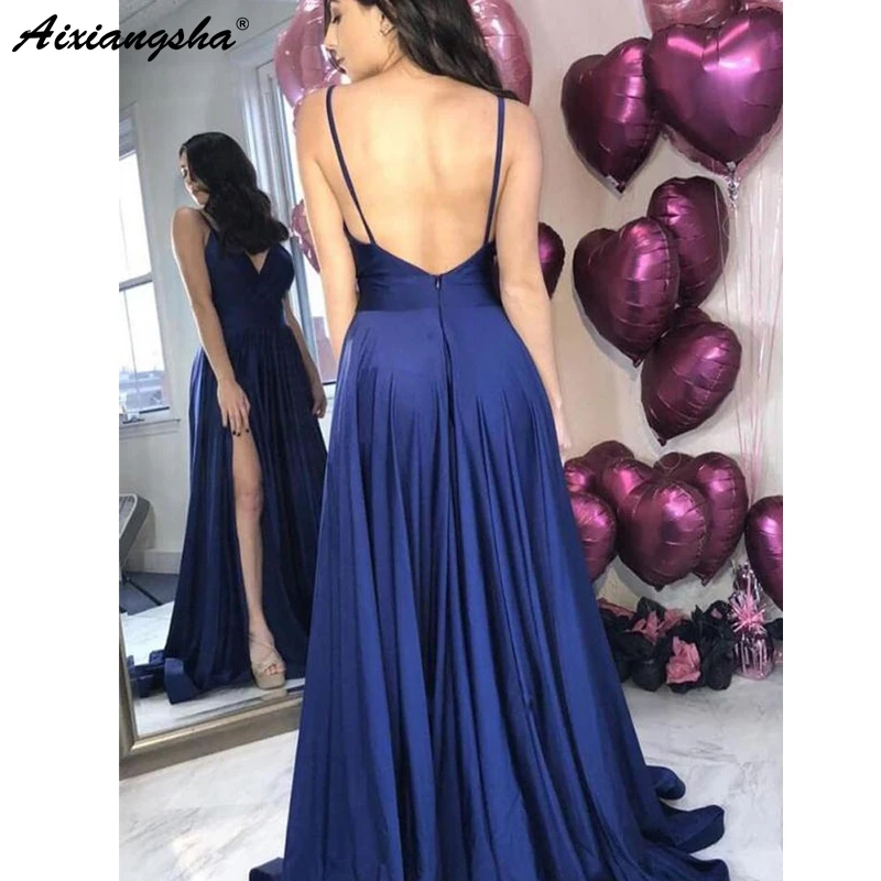 

Royal Blue Prom Dresses 2019 V-Neck High Slit Backless Satin A-Line Party Maxys Long Prom Gown Evening Dresses Robe De Soiree