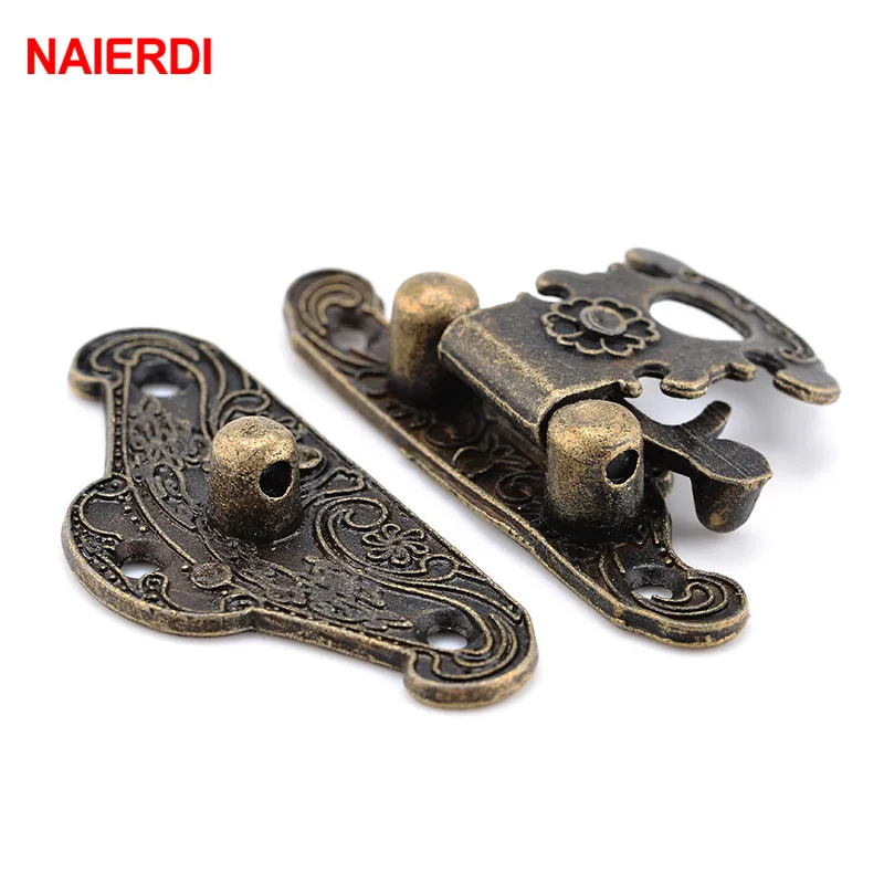 NAIERDI 2Pcs Antique Bronze Jewelry Wooden Box Hasp Latch + 4Pcs Vintage Cabinet Hinges Mini Door Hinges Furniture Accessories