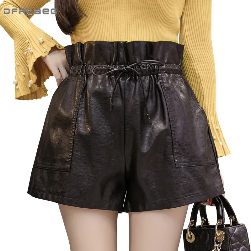 New Arrival 2018 Winter Women Loose Pu Wide Leg Shorts