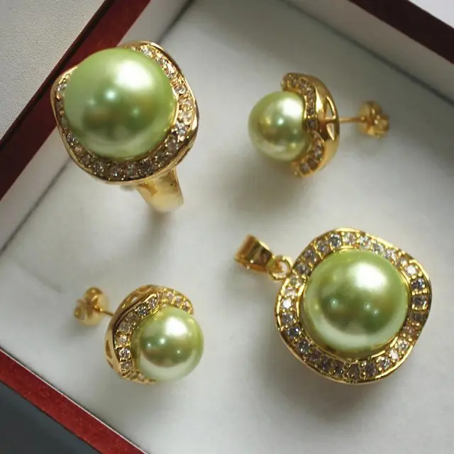 

noble jewelry set 18KGP+10mm green shell pearl,ring, pendant & stud earring