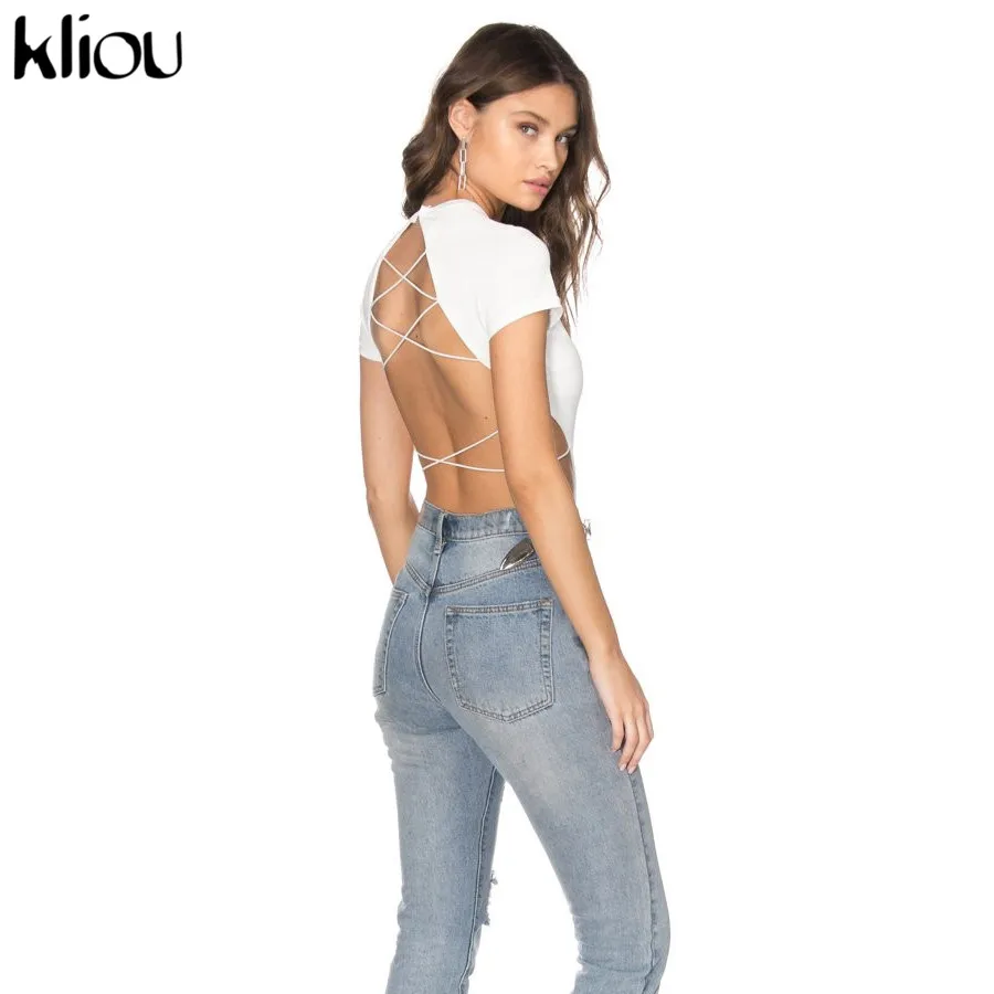 Kliou النساء مثير ارتداءها عارية الذراعين الدانتيل يصل السروال القصير 2019 الصيف أزياء قصيرة الأكمام الصلبة أسود أبيض playsuit عطلة الملابس