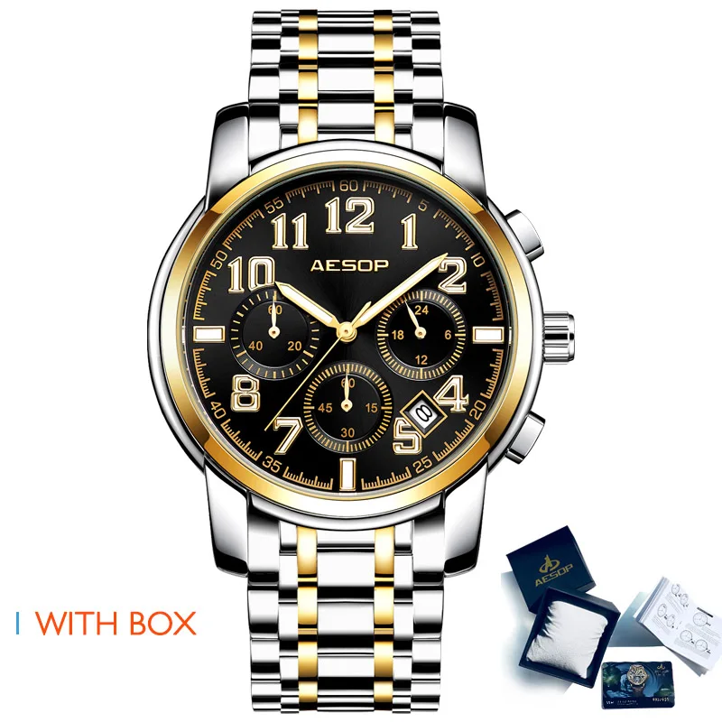 AESOP, спортивные мужские часы, кварцевые наручные часы, мужские часы из нержавеющей стали, мужские наручные часы, водонепроницаемые, Relogio Masculino - Цвет: Gold black S Box