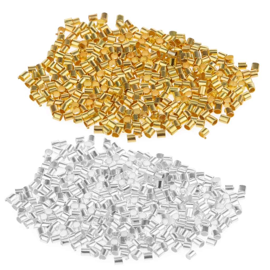 1200 Pieces Silver Gold Plated Copper Crimp Tube End Beads Jewelry Findings 2x2mm