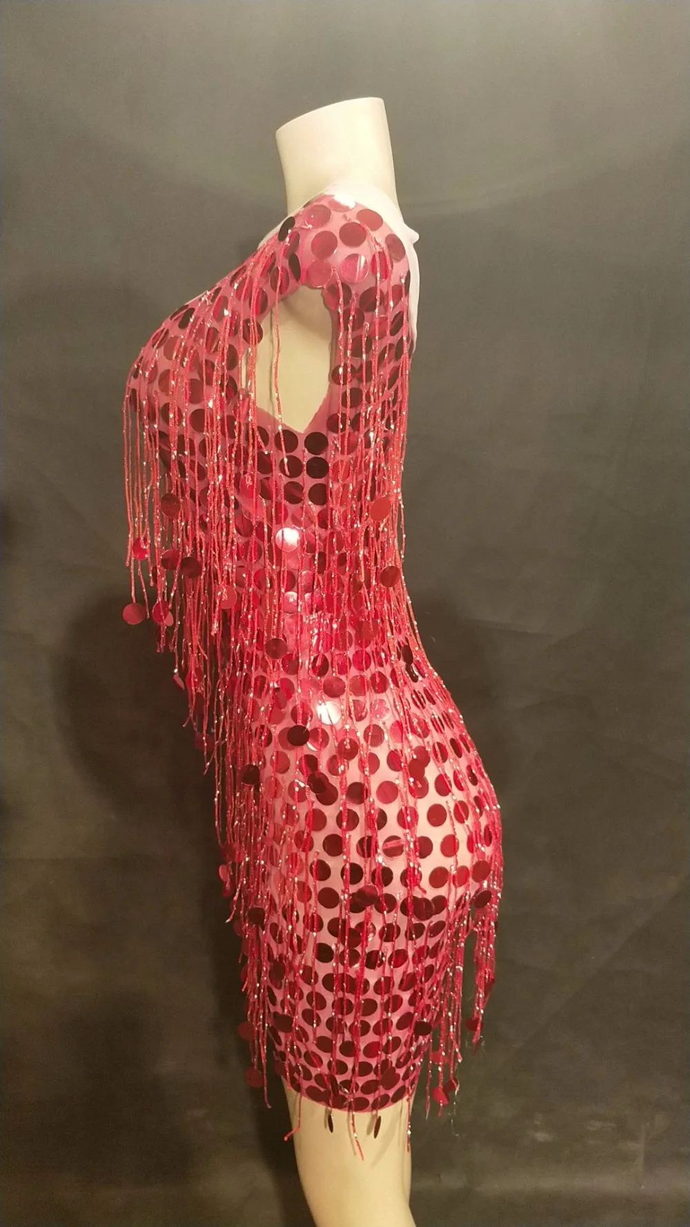 Для женщин пикантные Sequines красный платье с кисточками полный сверкающий блестка сцена для ночного клуба Одежда танцор певец Bling костюмы
