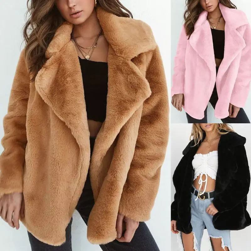 

Women Open Front Faux Fur Thicken Jacketwinter coat women Lapel Solid Outwear Oversized abrigos mujer invierno 2018 parka sexy