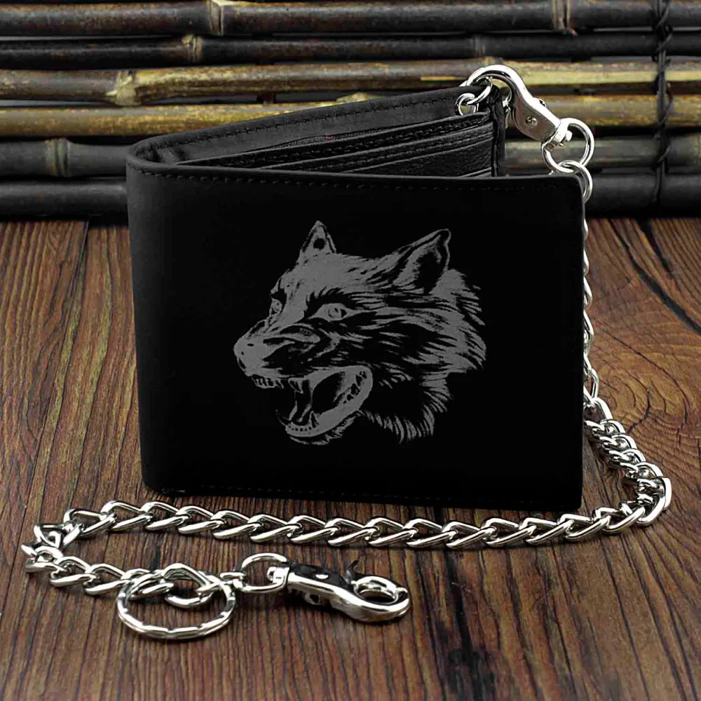 Мужской кожаный кошелек двойного сложения Wolf design черный с длинной цепью в