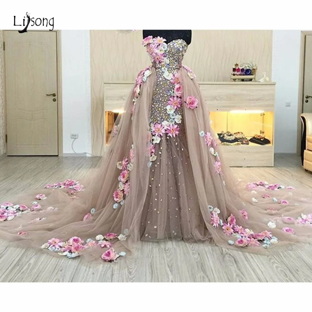 Саудовская Арабская Кристалл 2 шт. вечерние платья со съемным шлейфом 3D цветок вечерние платья бисером вечерние платья Abendkleider