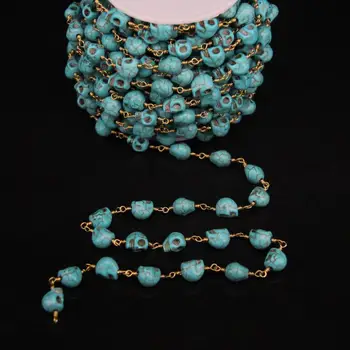 

5Meter,8x10mm Size,Blue Turquoises Skull Link Brass Wire Wrapped Chain,Turquoises beads Rosary Chains Woman sweater chains