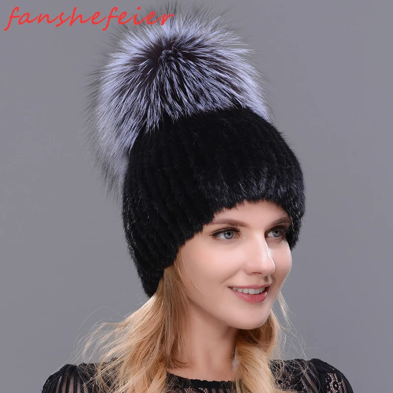 

fanshefeier Real mink fur mink fur hat with fox fur hat 2019 new hot high quality women's winter women's imported knitted