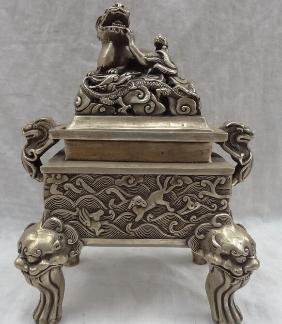 

JP S0114 8" Chinese Silver Buddhism Dragon Lion Head Statue Brass Incense Burner Censer