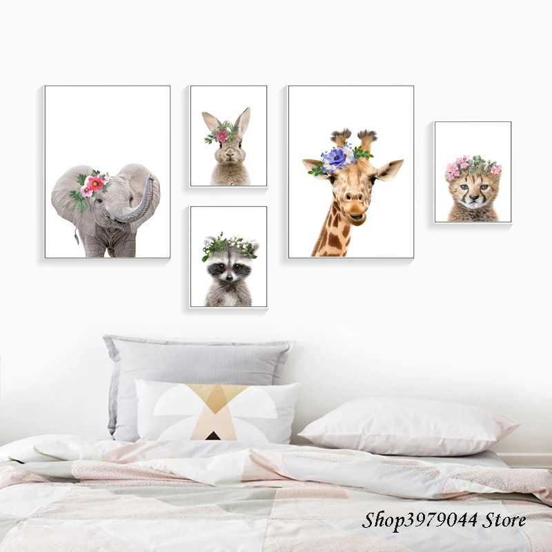 

Animal Canvas Painting Giraffe Poster Nordic Style Kids Decoration Home Elephant Rabbit Paintings For Living Room Wall Unframed