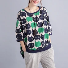 Camisas femininas лето осень Харадзюку футболка Женские топы с коротким рукавом kawaii cat хлопковый льняной Топ женские ropa mujer