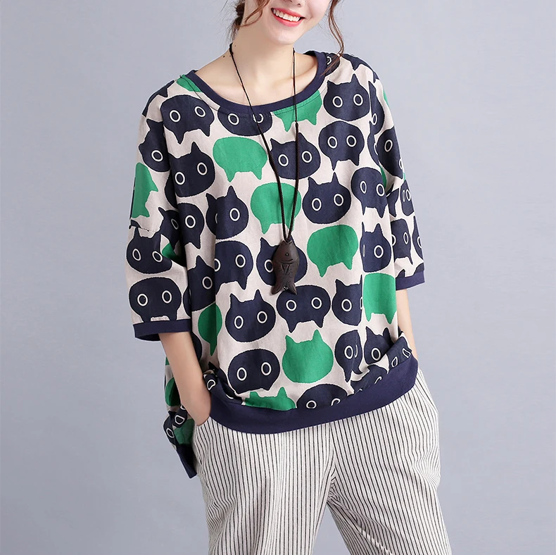 

camisas femininas 2018 summer autumn harajuku t shirt women half sleeve tops kawaii cat Cotton linen Tshirt women ropa mujer