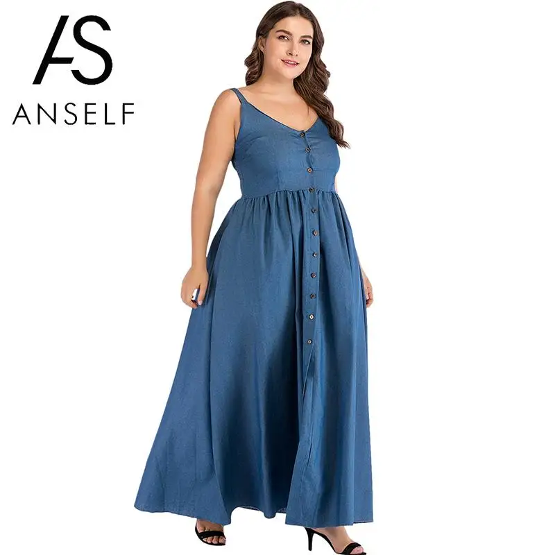 

2019 Summer Sexy Slip Dresses Women Large Size Denim Dress Sundress Spaghetti Strap Button Split Jeans Dress Plus Size 3XL 4XL
