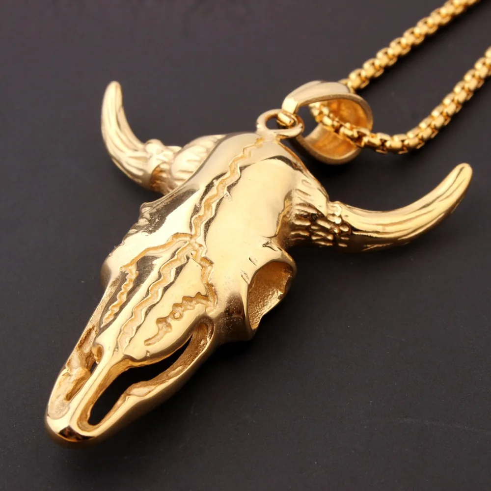 

Fashion Punk Style Stainless Steel Gold Color Vintage Bull Skull Head Pendant Box Chain Necklace Casting For Men's Boy's Jewelry