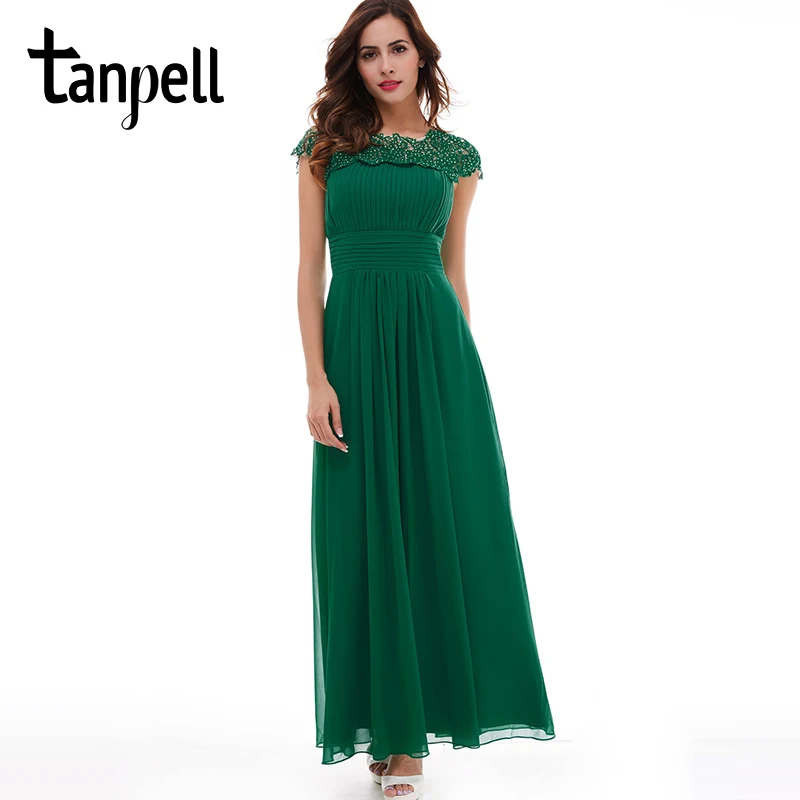 

Tanpell long evening dress hunter scoop lace appliques cap sleeves a line floor length dress lady prom formal long evening gown