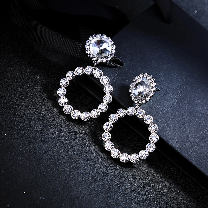 

Bridal Dress Wedding Earring Fashion Jewelry For Women Silver Color Luxury Rhinestone Circle Round Drop Earring Accessories