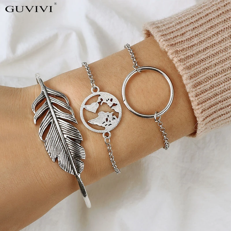 

3pcs/1set Boho Vintage Geometric Circle Silver Alloy Bracelet Set Women 2018 Strand Bracelets Sets Ladies Jewelry Party Gifts