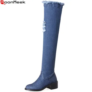

MoonMeek 2020 fashion Apring autumn women boots round toe zipper ladies denim boots square heel blue sexy over the knee boots