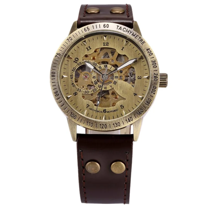 أزياء الرجال البرونزية العتيقة جلدية الذاتي Widing المعصم ووتش Steampunk من الهيكل العظمي الطاقة التلقائي الذكور الساعات الميكانيكية