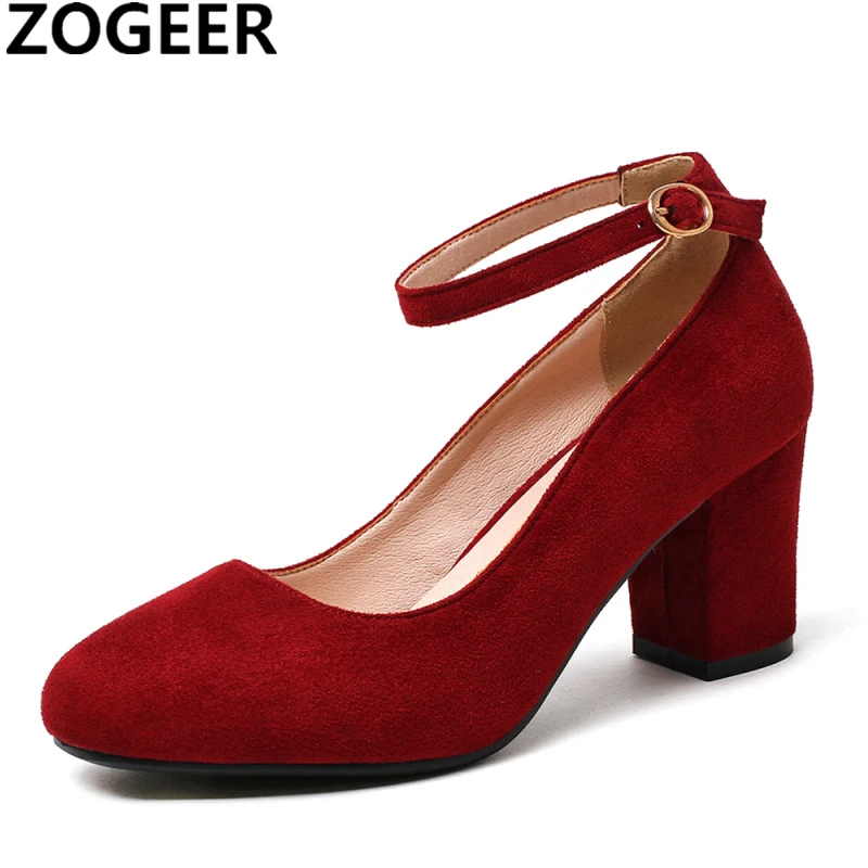 

New 2019 Spring Women's Pumps Flock Casual Thick High Heels Ankle Strap Shoes Ladies Party Wedding Shoes Black Red Work Shoes