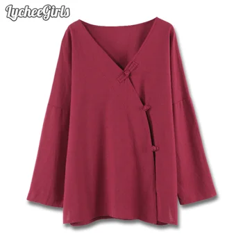 

LycheeGirls Chinese Style Spring Autumn Women Blouse V Neck Frog Neck Long Sleeve Casual Loose Cardigan Tops