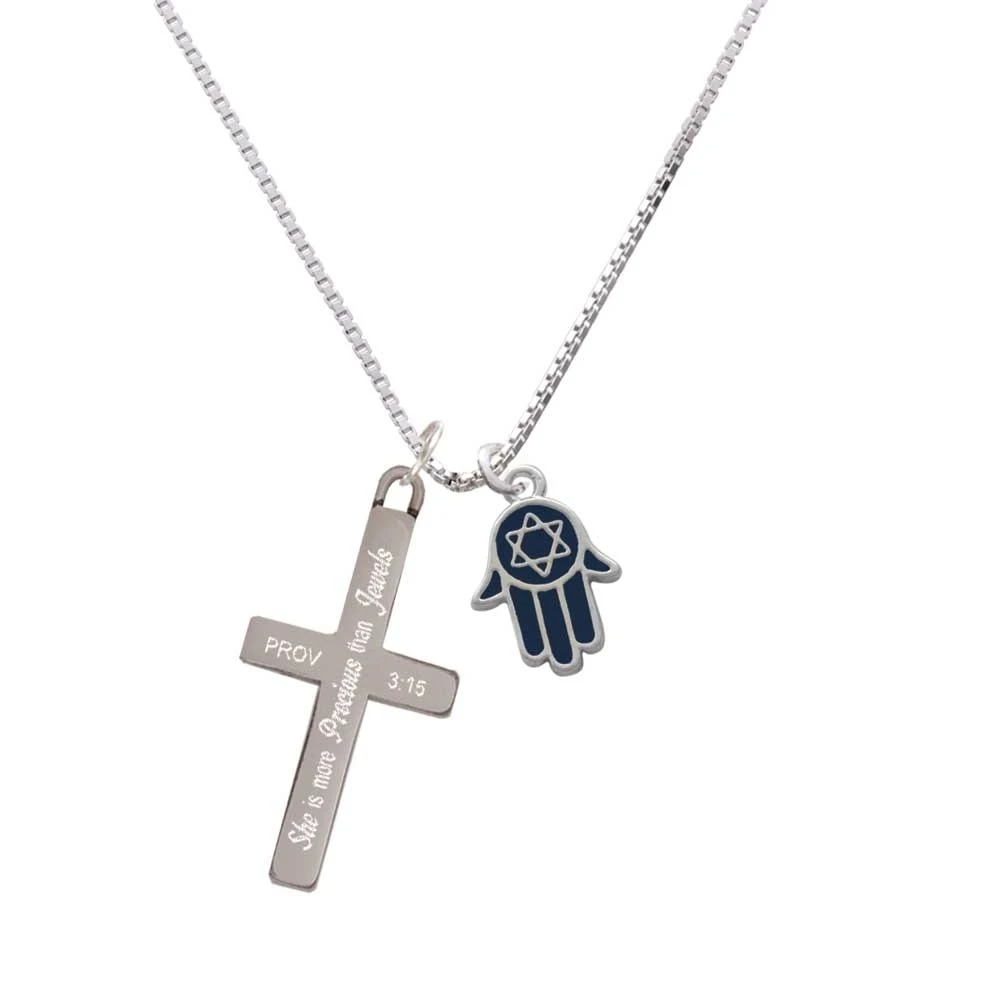 Blue Hamsa Hand with Star of David - She is More Precious - Cross Necklace