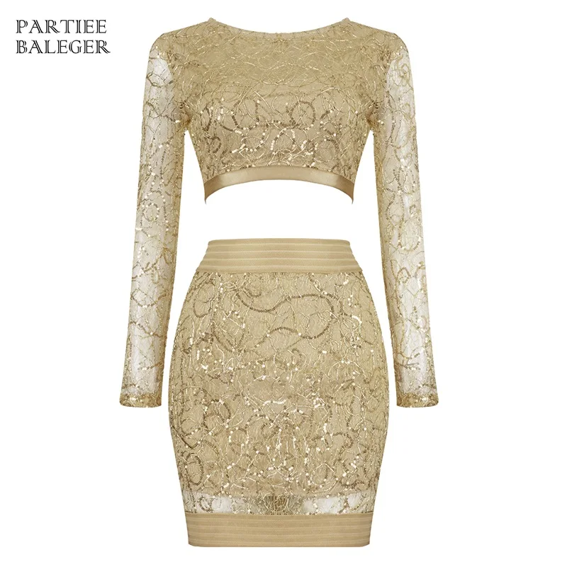 

2019 New Arrival Golden Sequins Beads Design Two Pieces Set Sexy Voile Long Sleeves Celebrity Party Club Bandage Skirt Set