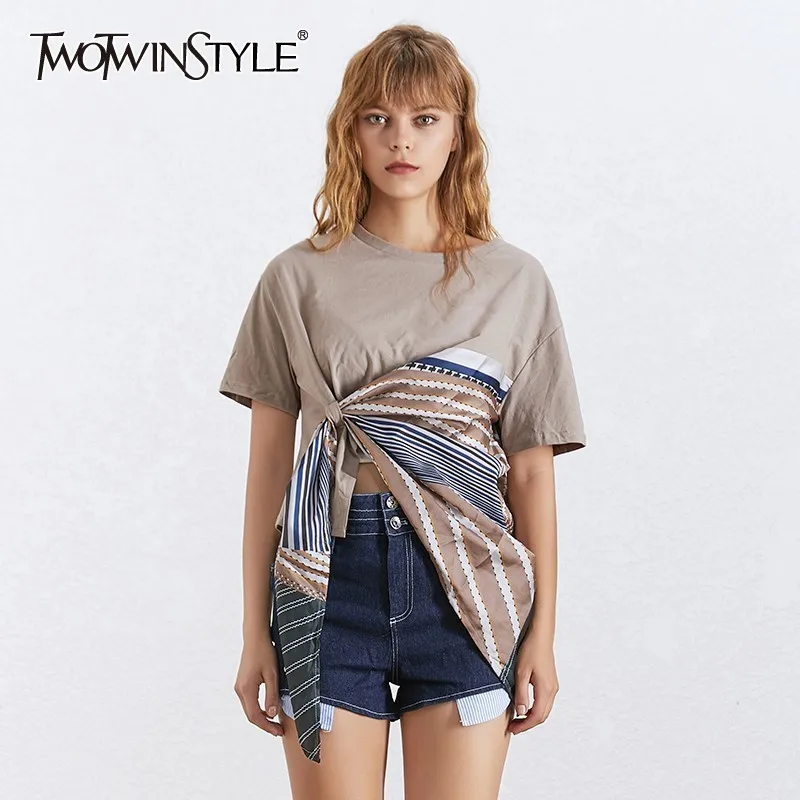

TWOTWINSTYLE Asymmetrical T-shirt For Women O Neck Short Sleeve Irregular Hit Color T-shirts Female Fashion Clothing 2019