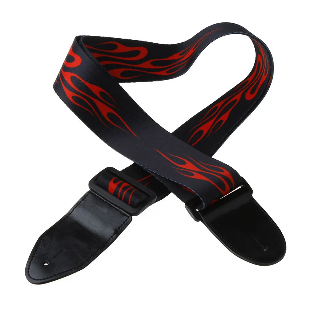High Quality Adjustable Guitar Strap with Leather Ends Unique Red Flame