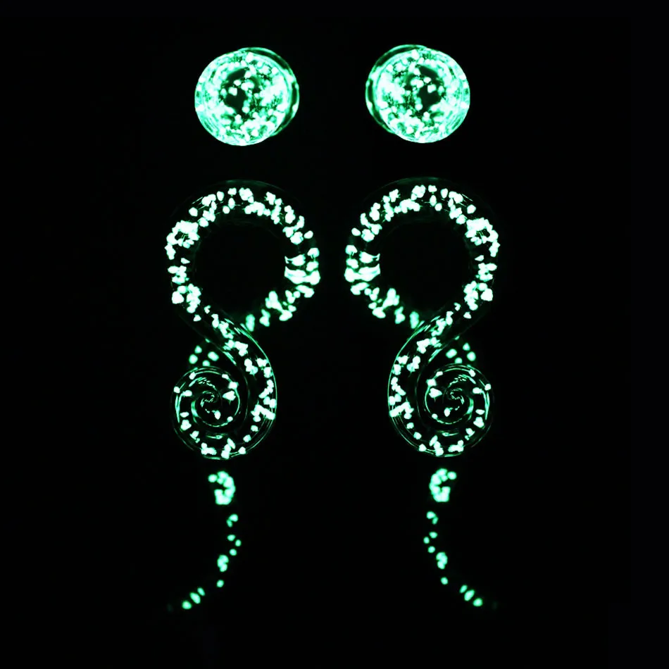 2pcs/lot Glass Ear Spiral Taper Gauge and Tunnels Earring Green Glass Glow in Dark Gauges