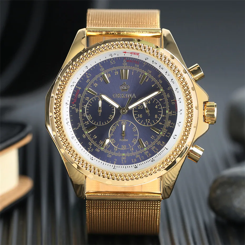 

Relogio Masculino Fashion Gold Analog Quartz-Watch Orkina Male Watch Mesh Stainless Steel Iron Wristwatches Men Watches W1938