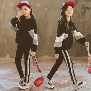 

Fashion Girls Clothing Set Hooded Sport Set for Teenagers Striped Black Tracksuit Children Clothes 2019 Korean Kids Clothes Set