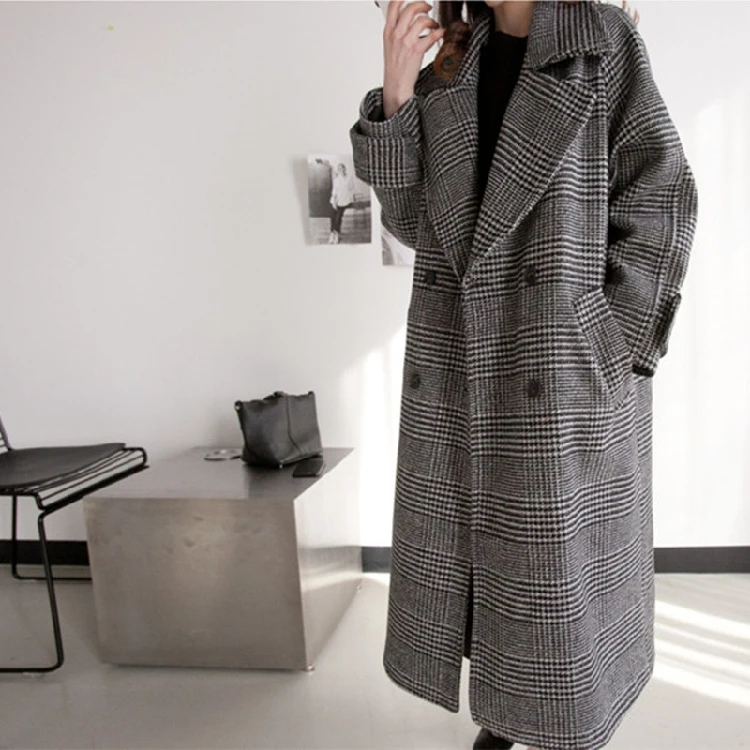 Корейский осенне-зимний женский твидовый плед двубортное шерстяное пальто кардиган женский тонкий облегающий верхняя одежда плюс размер пальто