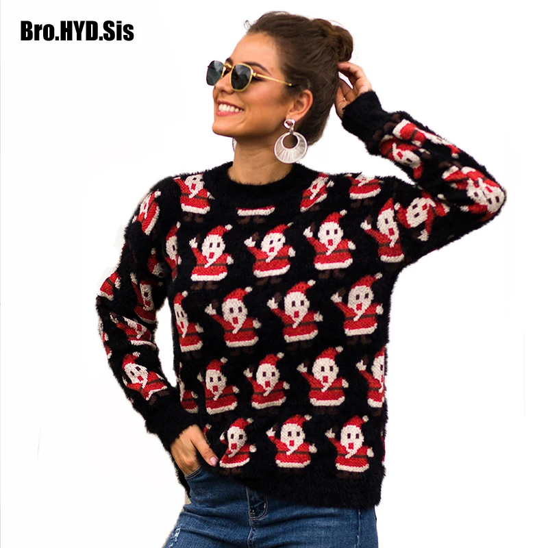 

Fashion Fuzzy Sweater Women Jacquard Pullovers Ugly Christmas Jumpers Crew Neck Santa Claus 2019 Fall Winter New Girls Tops