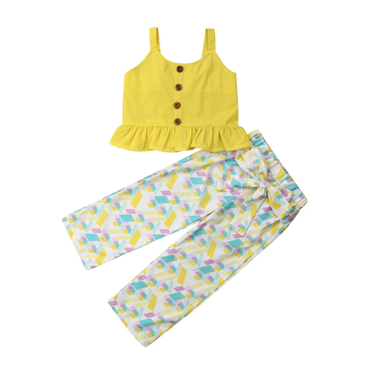 

6M-5T New Toddler Kids Baby Girls Outfits Clothes Button Sleeveless Ruffled Strap T-shirt Tops+Geometric Pants 2PCS Set Summer