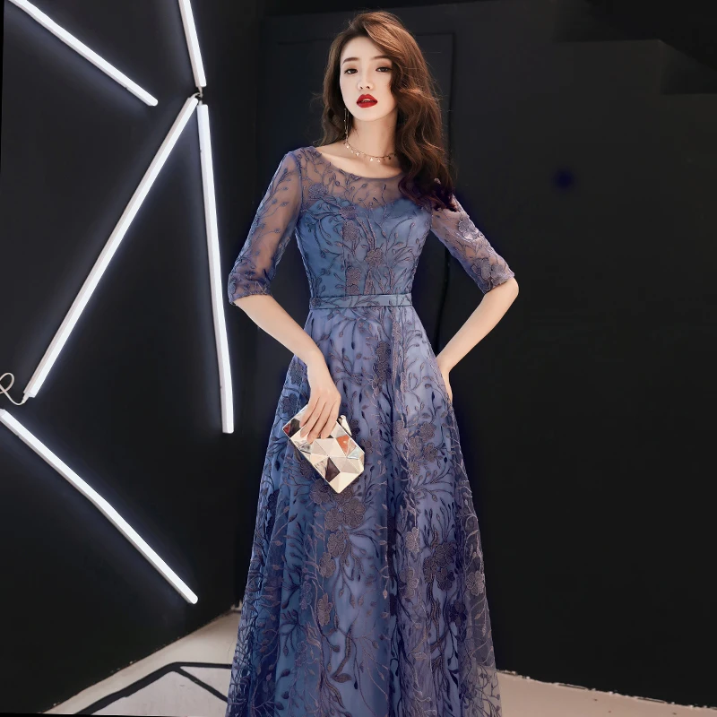 Lace Evening Dresses Long 2019 Elegant O-neck A-line Floor-Length Formal Evening Gown With Sleeves Plus Size Formal Dress Lace Evening Dresses Long 2019 Elegant O-neck A-line Floor-Length Formal Evening Gown With Sleeves Plus Size Formal Dress